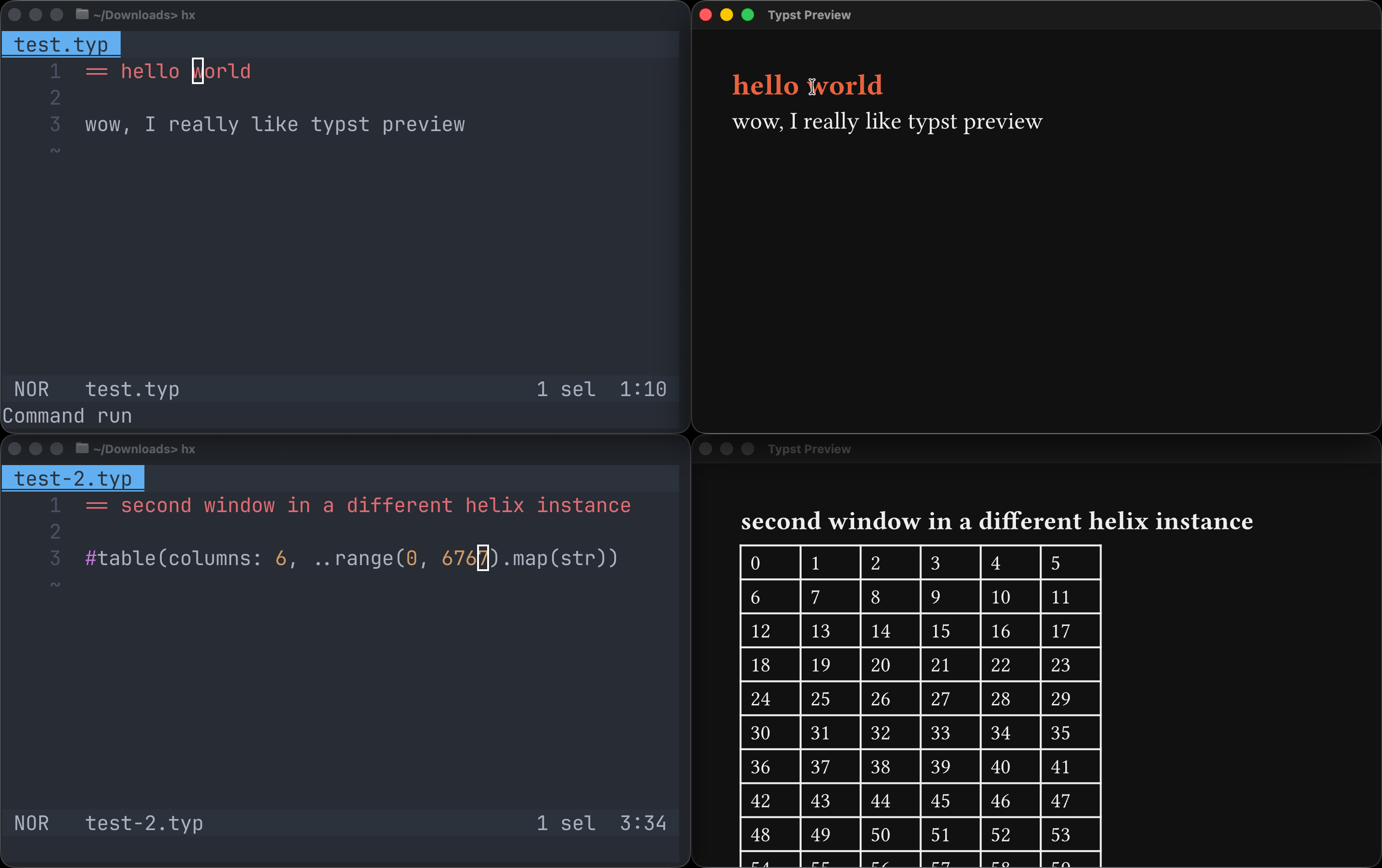 Screenshot of working Typst preview, with two terminals with Typst files open in Helix next to their preview windows.
